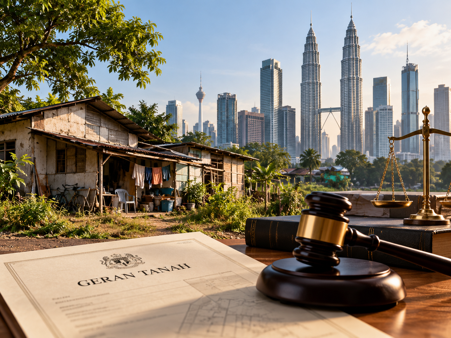 A Malaysian informal settlement beside Kuala Lumpur’s skyline, with a land title document, legal books, gavel and scales representing a land ownership and squatter dispute.